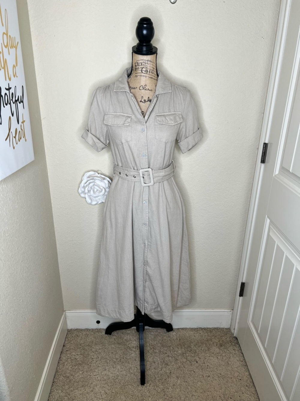 NTM Tahari Linen Blend Shirt Dress Belted Button Front Taupe XS Midi Pockets - Picture 2 of 16